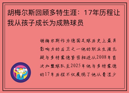 胡梅尔斯回顾多特生涯：17年历程让我从孩子成长为成熟球员