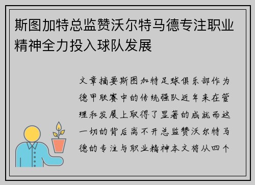 斯图加特总监赞沃尔特马德专注职业精神全力投入球队发展